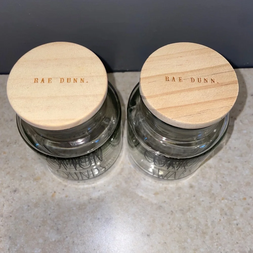 Rae Dunn Vanity Set Glass Wood Jar Containers Cotton Swabs Cotton Rounds